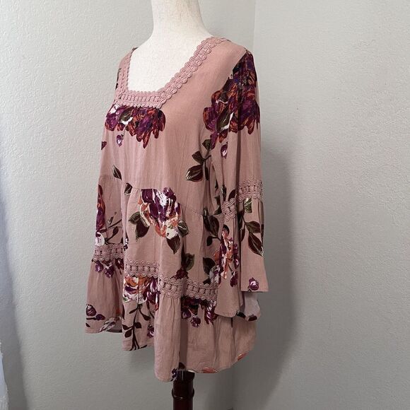 Oddi Womens Tunic Size Small Floral Boho NWT Pink Square Neck Bell Sleeve - Picture 5 of 10